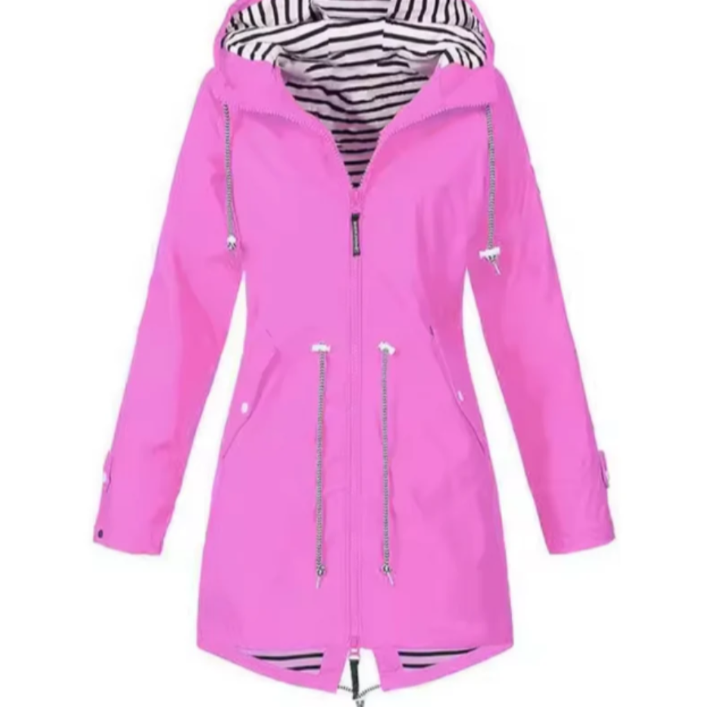 Close-up of a women's waterproof hooded outdoor jacket, showing adjustable hood and practical multi-pockets.