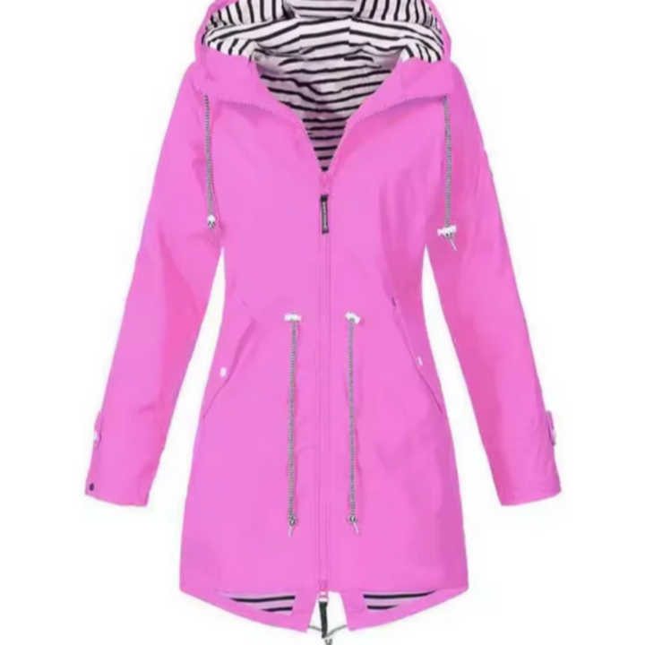Close-up of a women's waterproof hooded outdoor jacket, showing adjustable hood and practical multi-pockets.