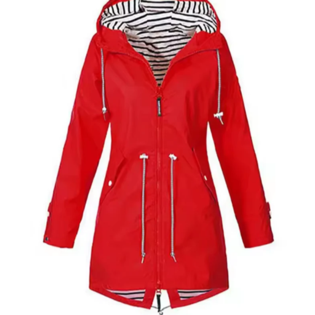 Back view of a women's lightweight waterproof outdoor jacket, offering wind and rain resistance for active exploration.