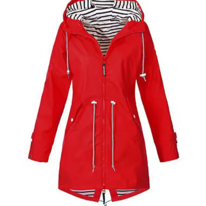 Back view of a women's lightweight waterproof outdoor jacket, offering wind and rain resistance for active exploration.