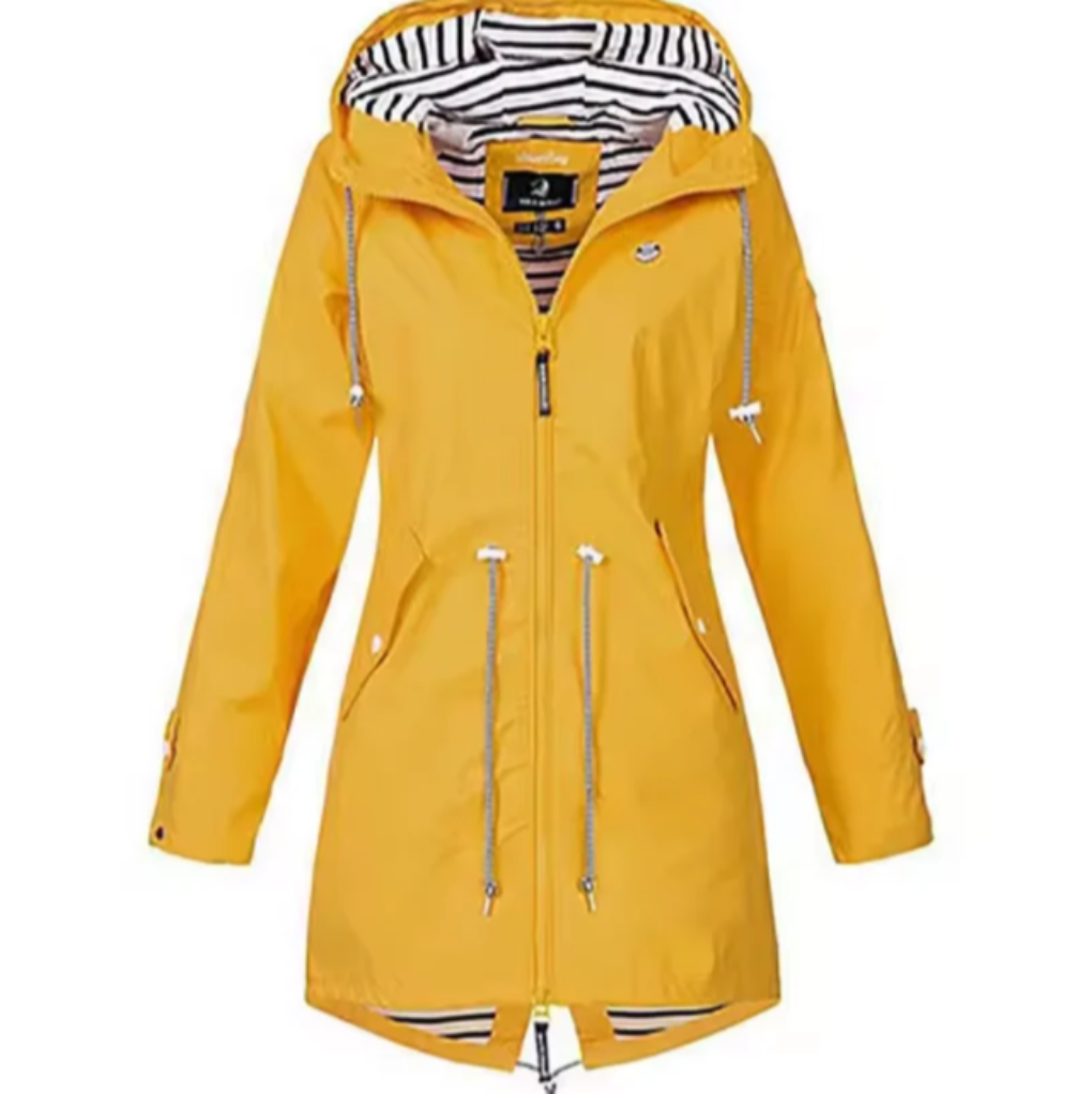 Durable women's waterproof hooded jacket, wind-resistant for outdoor adventure. Lightweight rain gear activewear.