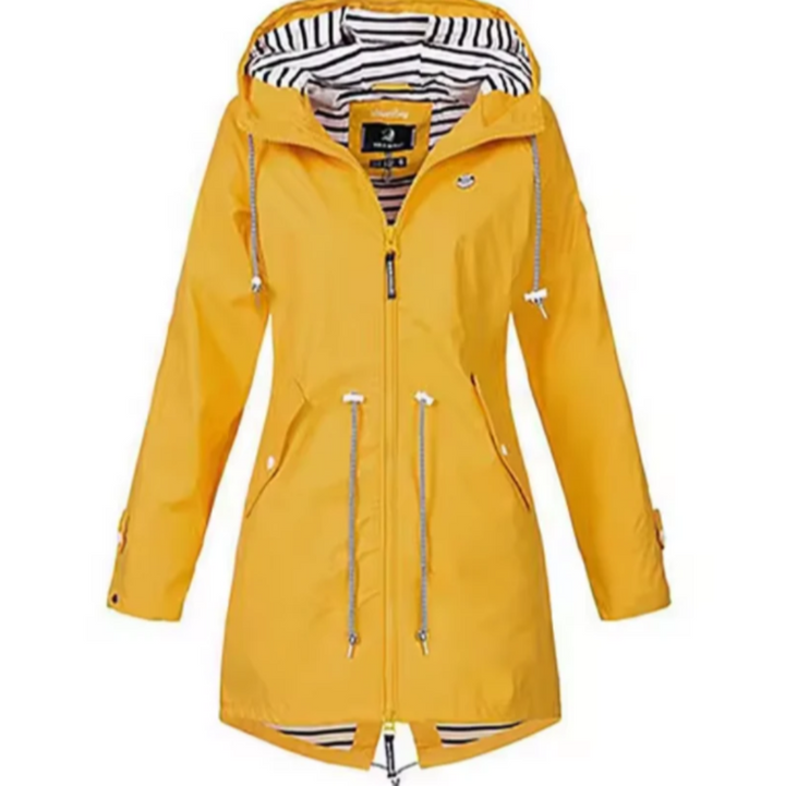 Durable women's waterproof hooded jacket, wind-resistant for outdoor adventure. Lightweight rain gear activewear.