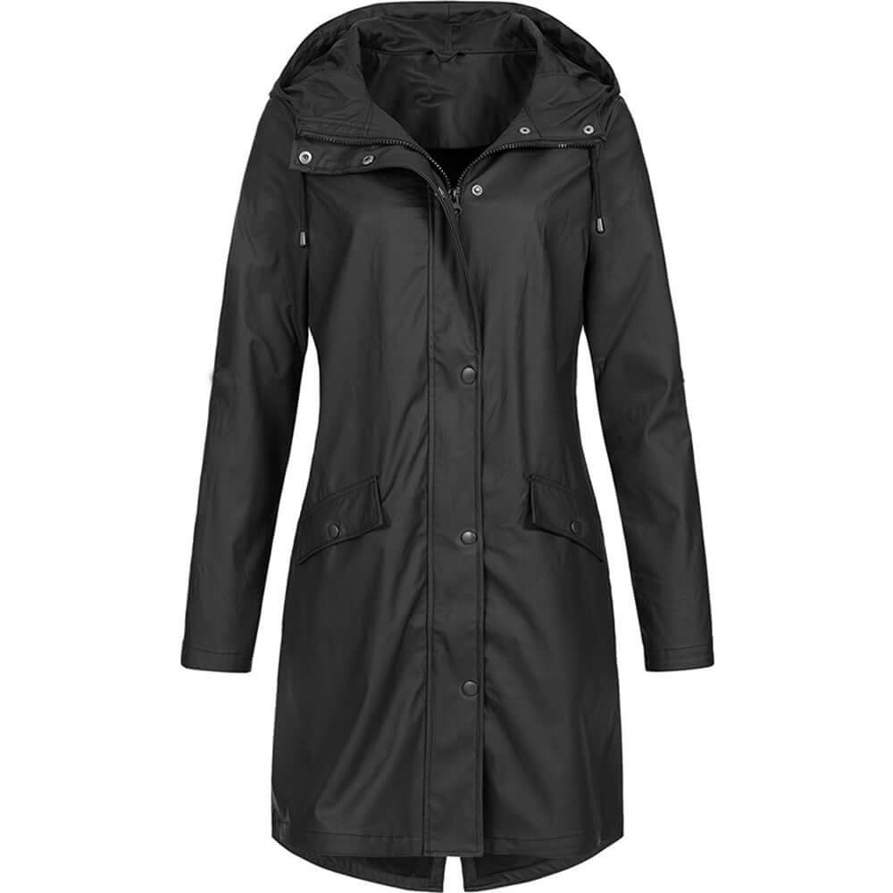 Women's waterproof hooded rain jacket for all-weather style & comfort.
