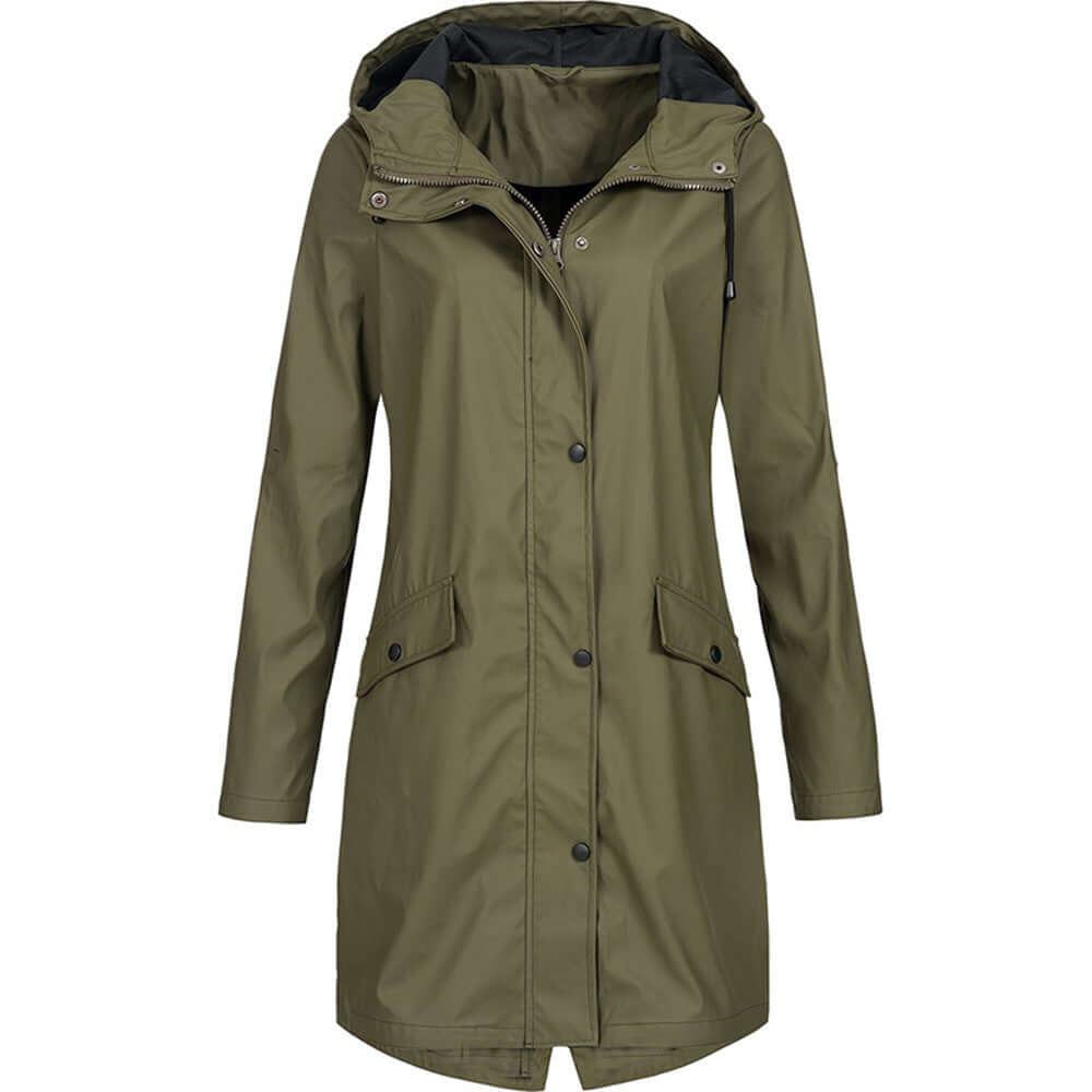 Stylish women's hooded rain jacket, perfect lightweight outerwear for spring & fall.