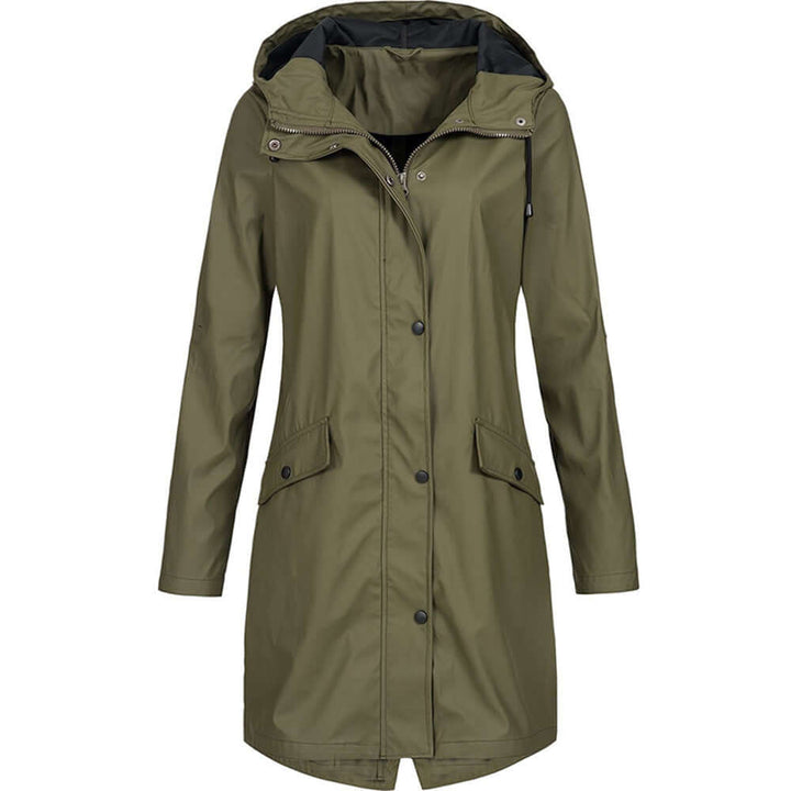 Stylish women's hooded rain jacket, perfect lightweight outerwear for spring & fall.