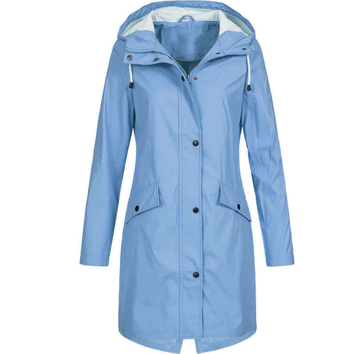 All-weather women's raincoat with hood, practical & chic for diverse weather conditions.