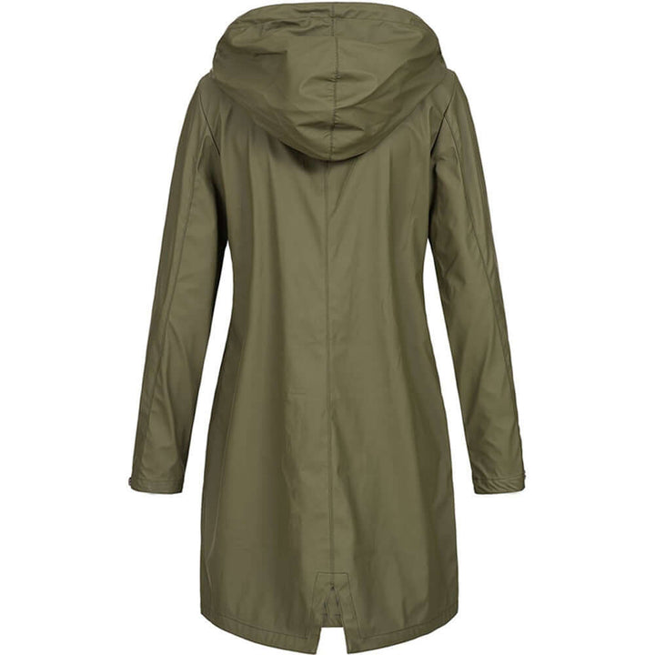 Stylish fall jacket for women, waterproof with a protective hood for reliable rainwear.
