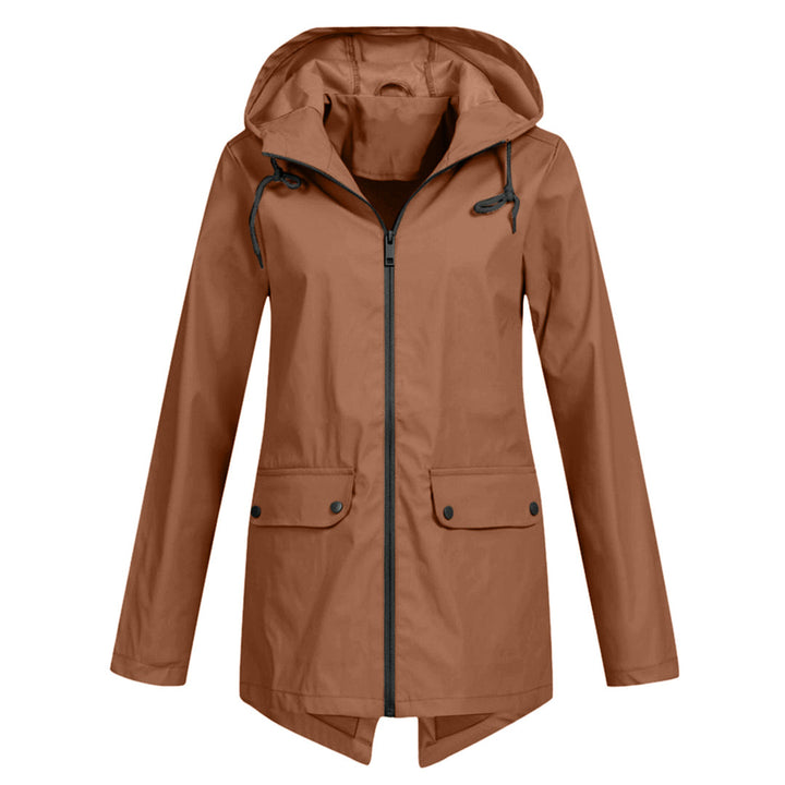 Women's mid-length waterproof zipper jacket, a stylish and functional rain coat.