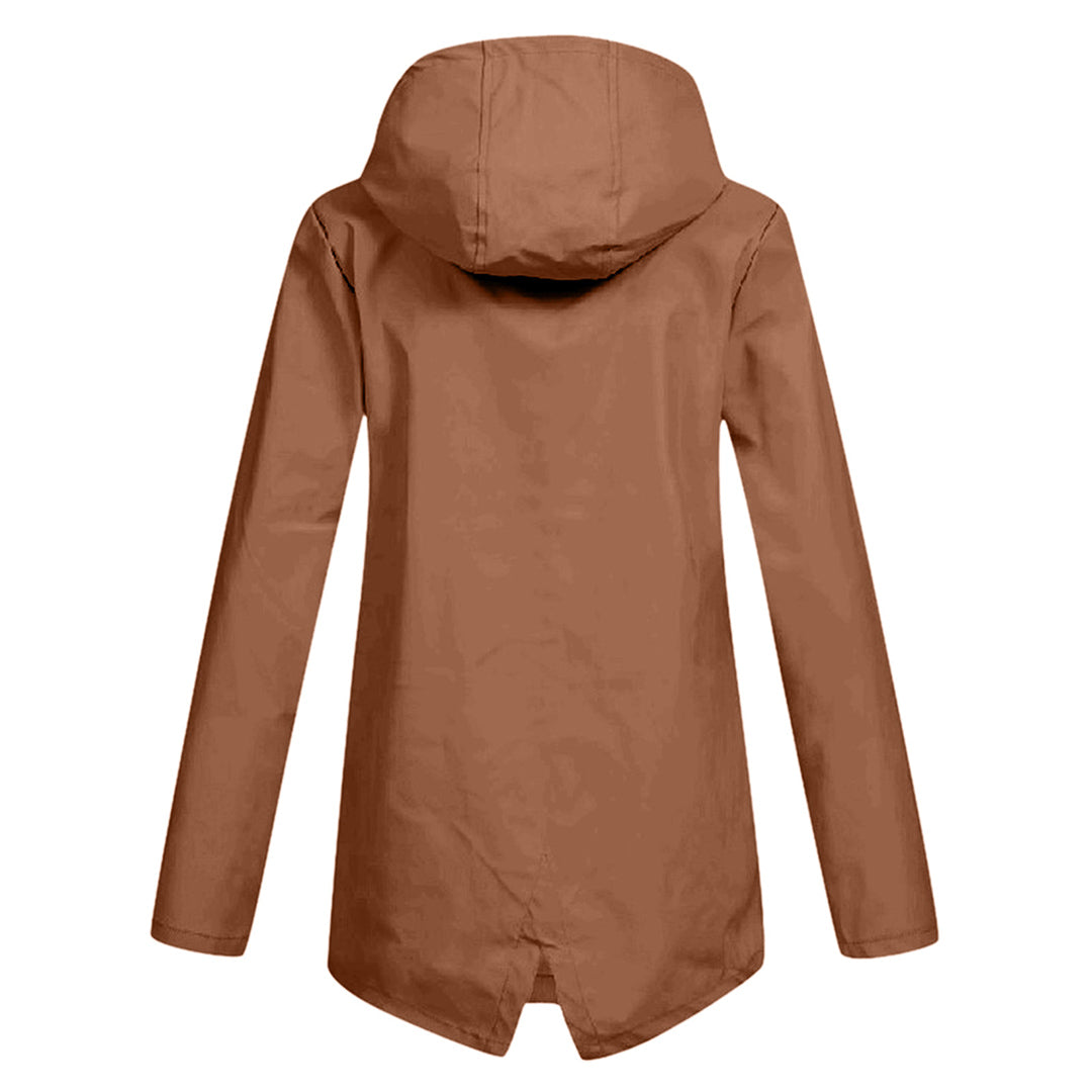 Active women's waterproof mid-length jacket, ideal for outdoor adventures in rain.