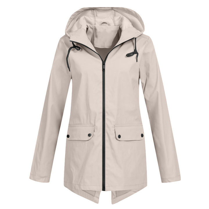 Protective women's waterproof mid-length jacket with hood, functional for any weather.