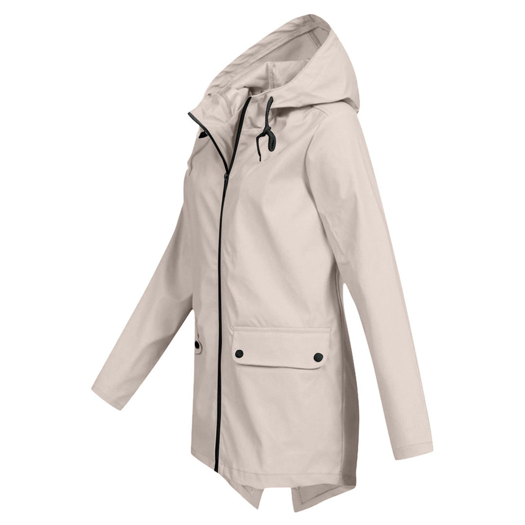 Elegant women's mid-length waterproof zipper jacket, stylish outerwear for rainy conditions.