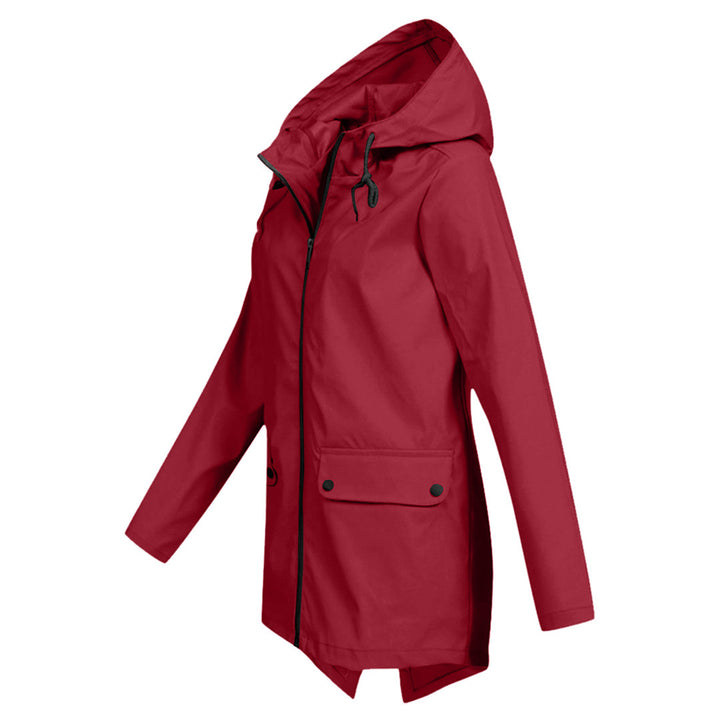 Stylish women's waterproof mid-length rain coat with zipper closure, perfect outerwear.