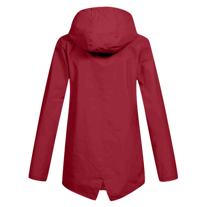 Functional women's mid-length waterproof jacket with hood, ideal for rainy weather & outdoor use.