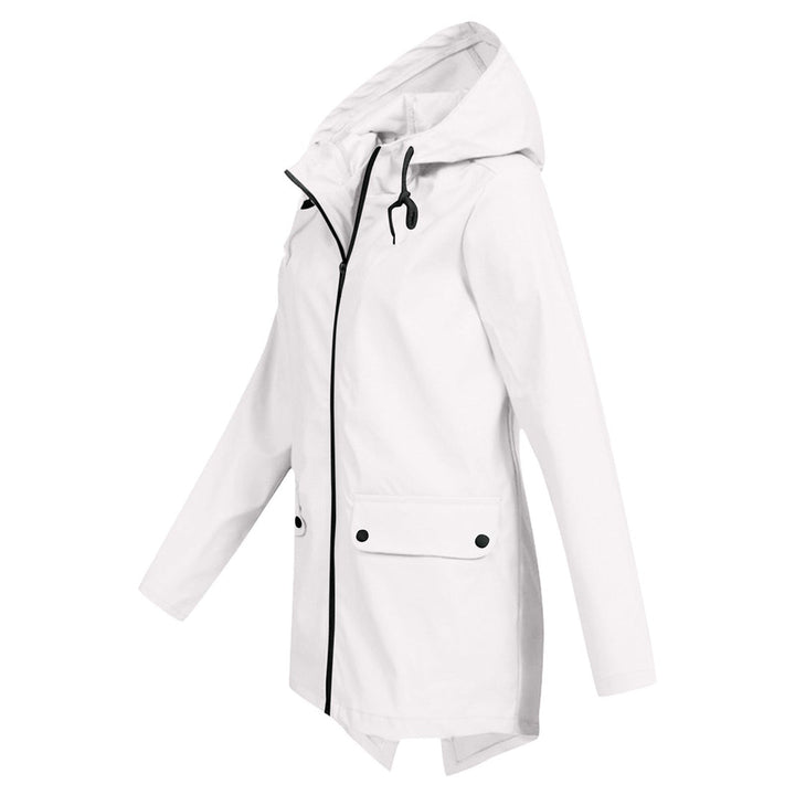 Casual women's mid-length waterproof rain coat with zipper, offering all-weather protection.