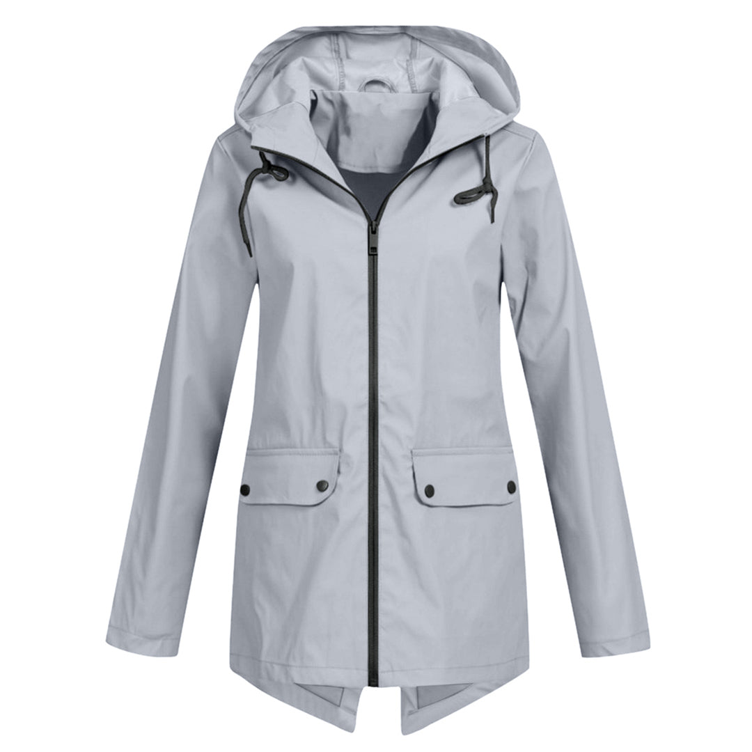 Durable women's waterproof mid-length outerwear jacket with zipper, hooded for rain.