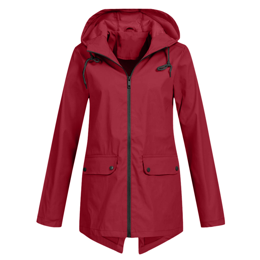 Women's waterproof mid-length hooded zipper rain jacket, perfect for all-weather outerwear.