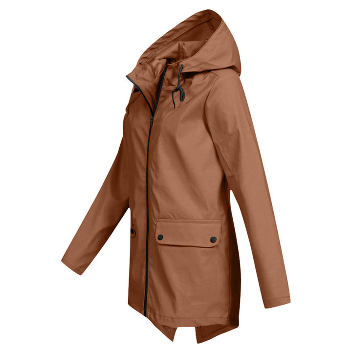 Chic women's mid-length waterproof hooded jacket, a practical zipper raincoat for stylish fashion.