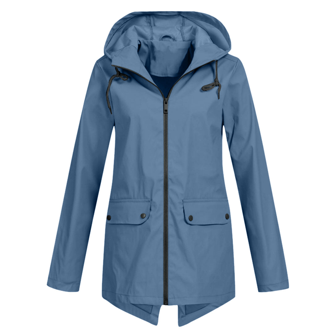 Women's spring/fall mid-length waterproof hooded jacket, a versatile zipper windbreaker outerwear.