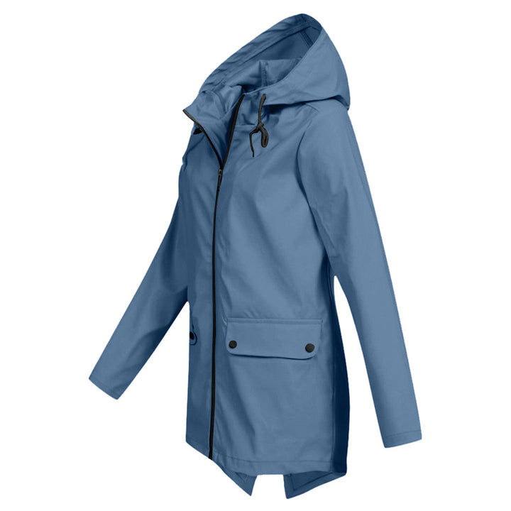 Sophisticated women's mid-length waterproof raincoat, an elegant zipper jacket for all-weather style.
