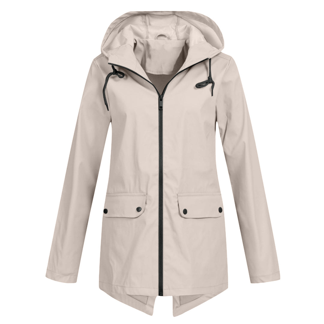 Modern women's waterproof mid-length rain jacket, full zipper & hood, for casual or outdoor wear.