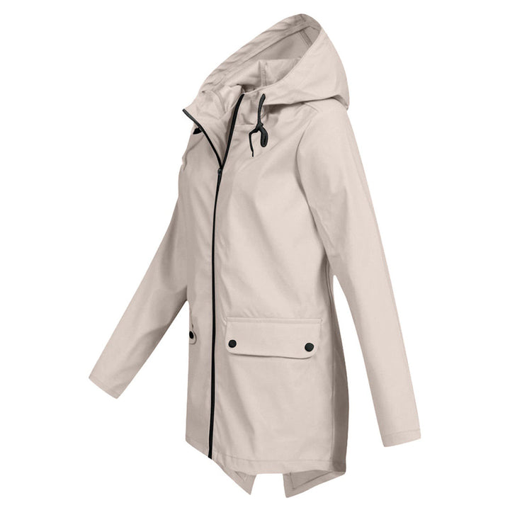 Functional women's mid-length waterproof jacket, a hooded zipper raincoat for stylish protection.
