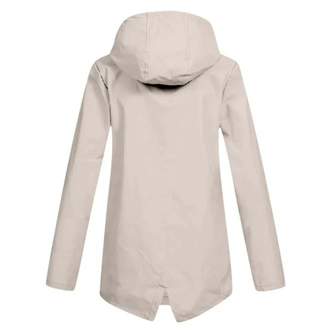 Women's all-weather mid-length waterproof hooded jacket, practical zipper windbreaker outerwear.