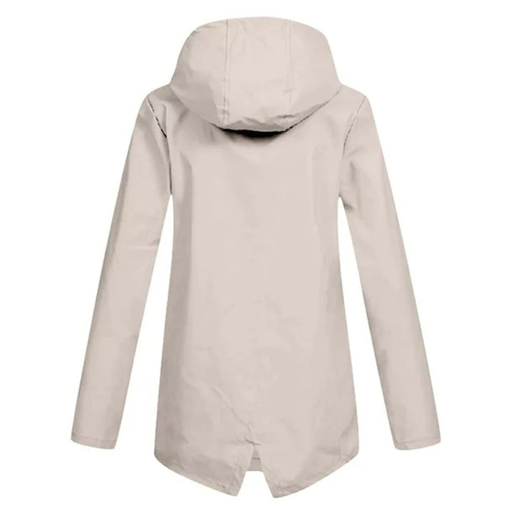 Women's all-weather mid-length waterproof hooded jacket, practical zipper windbreaker outerwear.