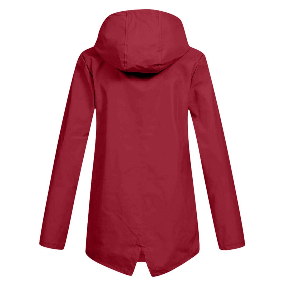 Casual women's weatherproof mid-length jacket, a hooded zipper windbreaker for diverse weather.