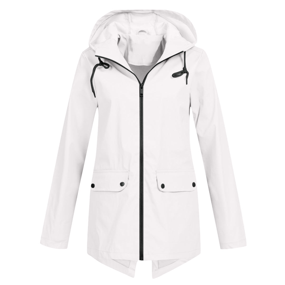 Elegant women's mid-length waterproof rain jacket with zipper & hood, essential all-weather wear.