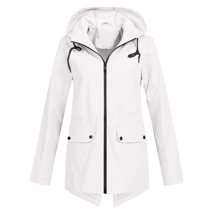 Elegant women's mid-length waterproof rain jacket with zipper & hood, essential all-weather wear.