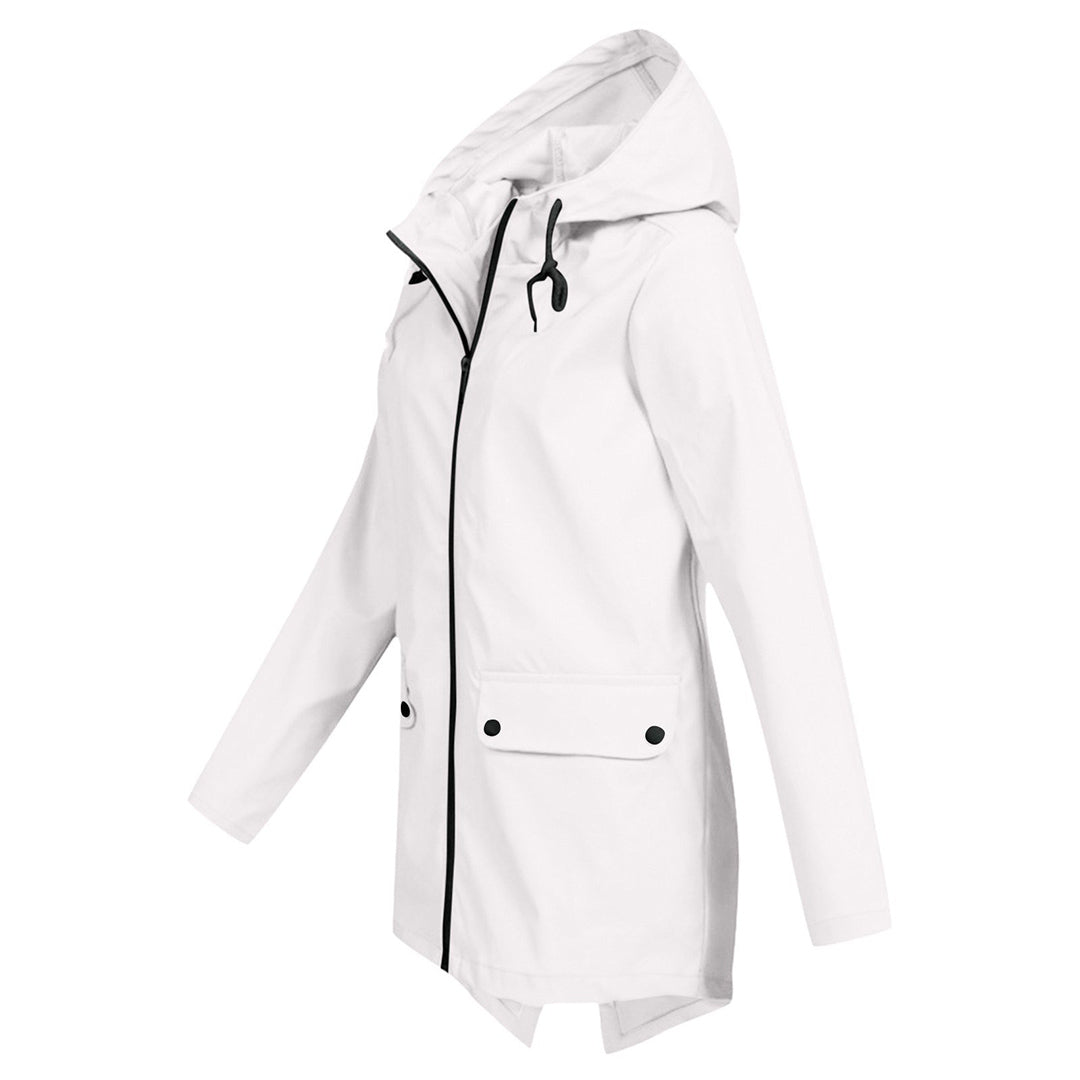 Durable women's mid-length waterproof hooded raincoat, full zipper, for ultimate weather protection.