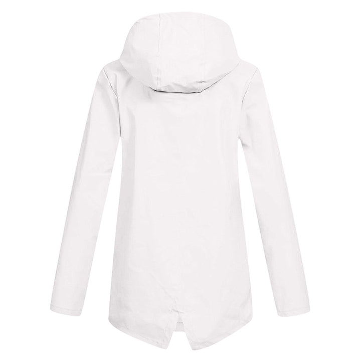 Fashionable women's mid-length waterproof jacket, stylish zipper rainwear for spring & fall.