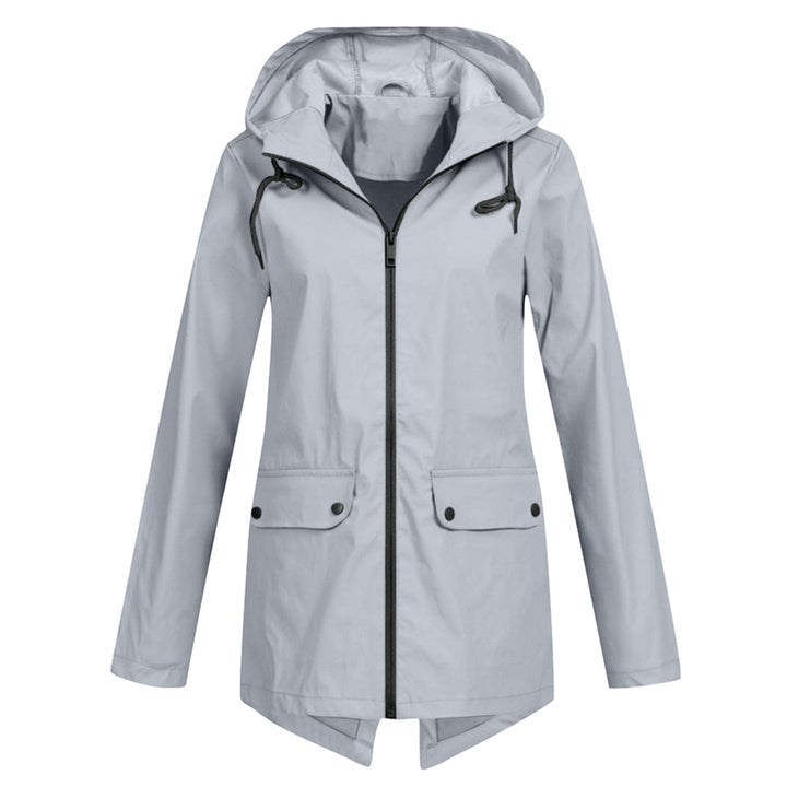Sleek women's hooded mid-length waterproof zipper jacket, ideal casual outerwear for any outfit.
