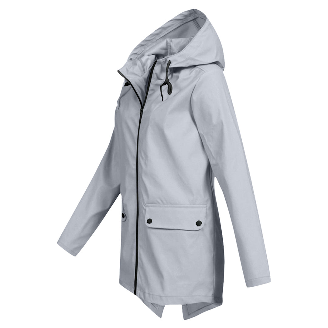 Versatile women's mid-length waterproof windbreaker, a full zipper hooded jacket for outdoor use.