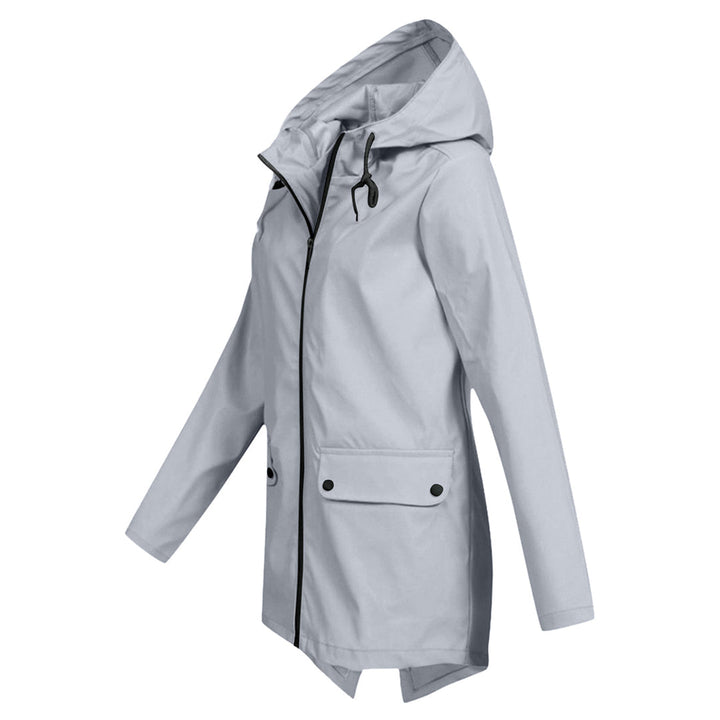 Versatile women's mid-length waterproof windbreaker, a full zipper hooded jacket for outdoor use.