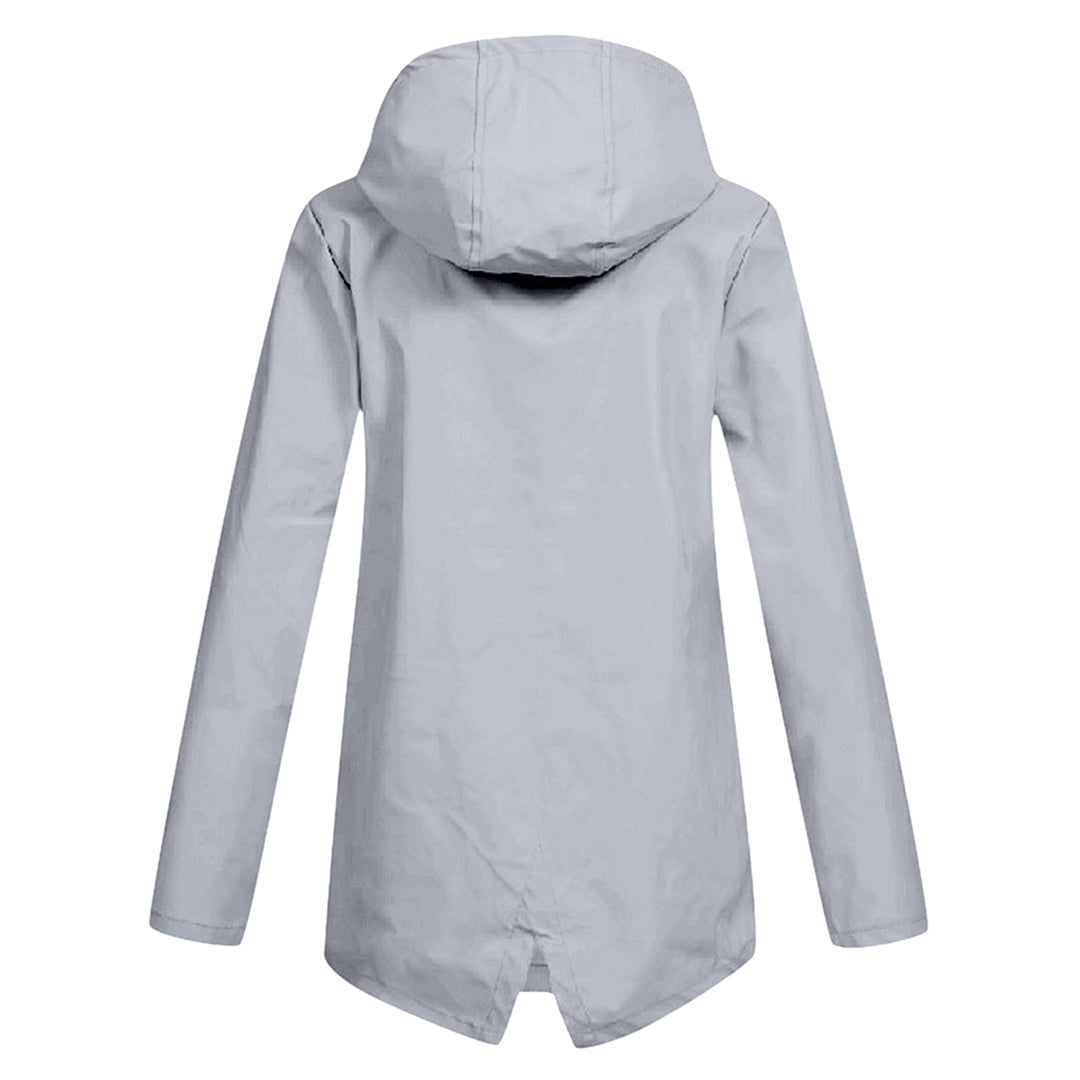 Women's mid-length waterproof zipper rain jacket, hooded, for stylish protection against the elements.
