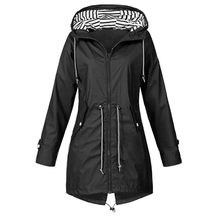 Lightweight women's waterproof rain jacket, perfect for outdoor activities, travel, and everyday casual wear. Hooded.