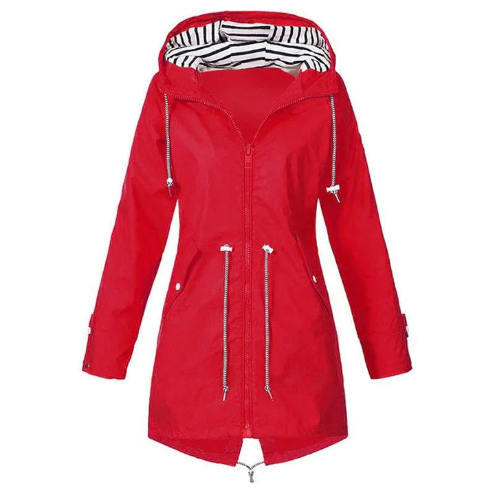 Durable women's waterproof hooded jacket provides ultimate rain protection for hiking, camping, and city travel.