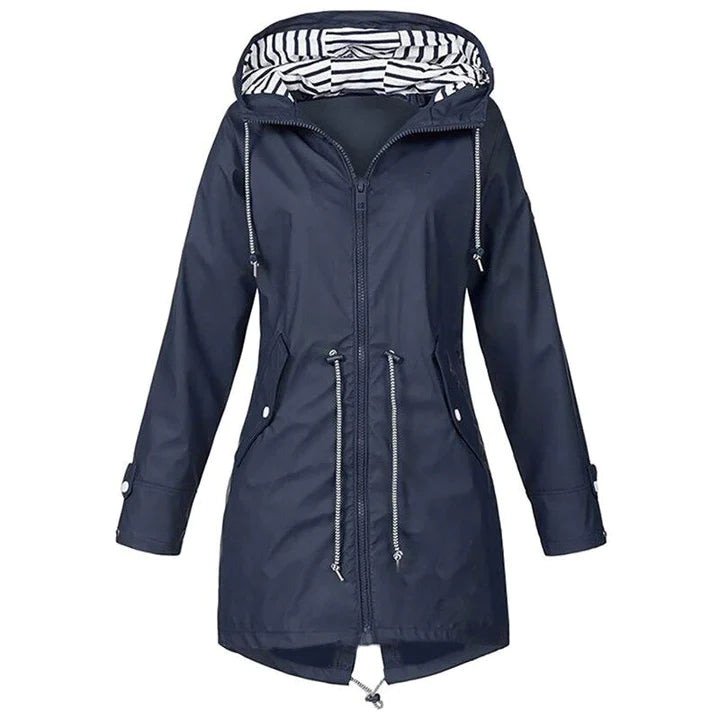 Stylish women's hooded rain jacket; versatile outerwear for all seasons, travel-friendly & comfortable outdoor wear.