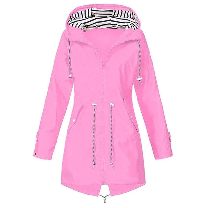 Full-zip women's waterproof hooded rain jacket with sealed seams, offering reliable protection for any outdoor adventure.