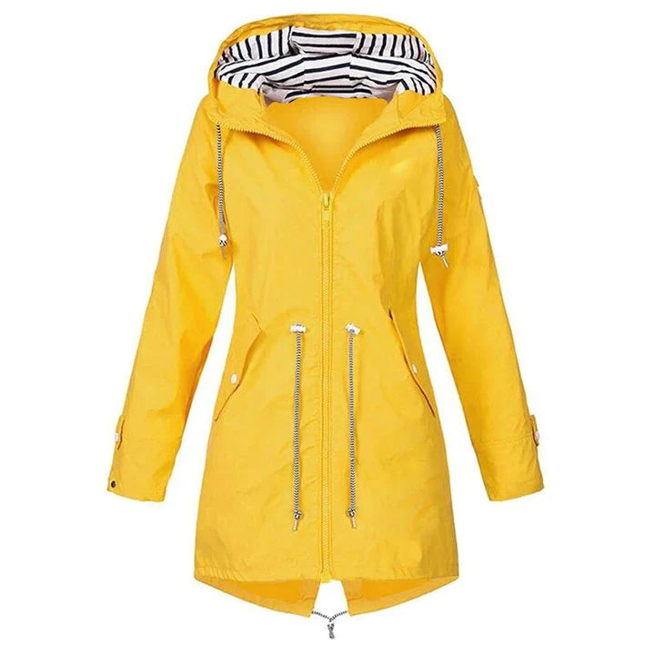 Fashionable women's lightweight rain jacket with hood, essential outerwear for casual outdoor style and wet weather.