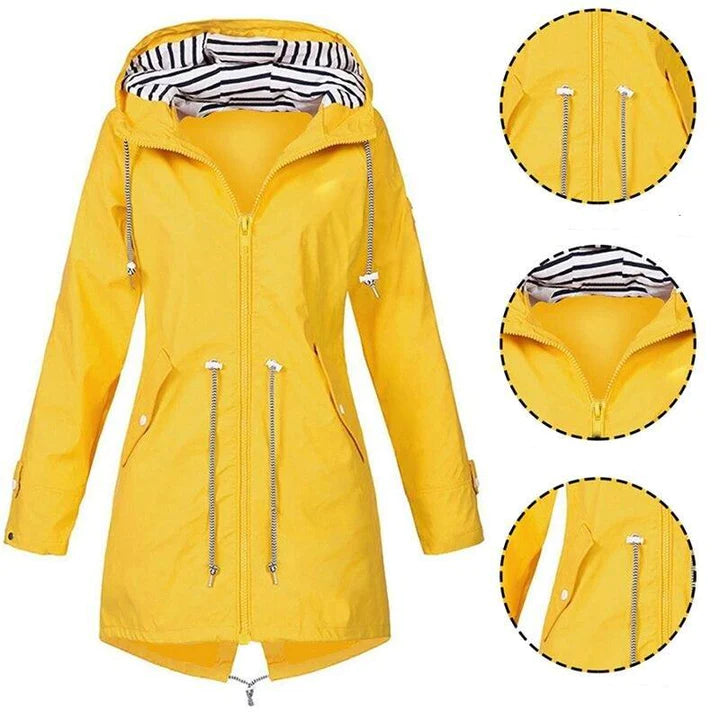 Packable women's waterproof rain jacket with hood, ideal for travel, hiking, and everyday protection from elements.