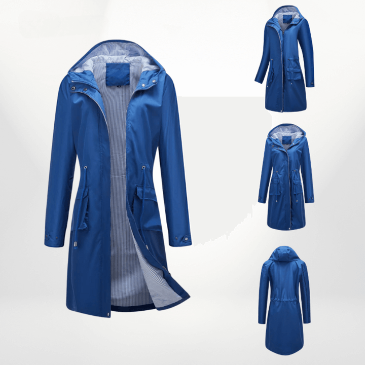 Elegant women's waterproof trench coat, over-knee length. Versatile rain jacket, perfect for fashion outerwear.