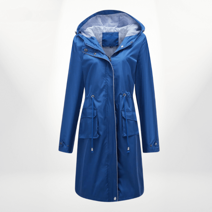 All-weather women's waterproof over-knee trench coat. Fashionable long jacket & durable outerwear for women.
