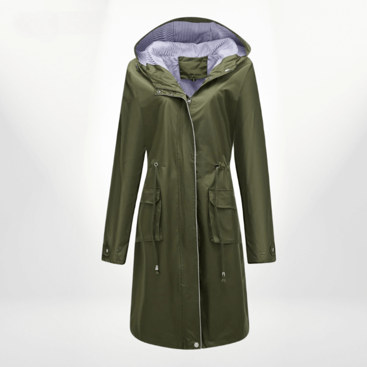 Versatile women's waterproof trench coat. Chic over-knee length rain jacket, ideal for elegant outerwear fashion.
