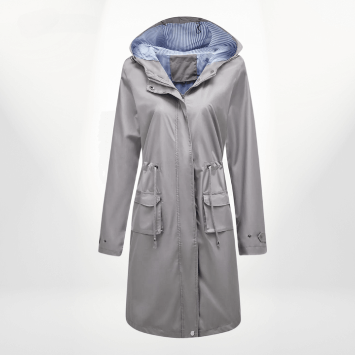 Women's elegant waterproof over-knee long trench coat. Fashionable outerwear & all-weather rain jacket.
