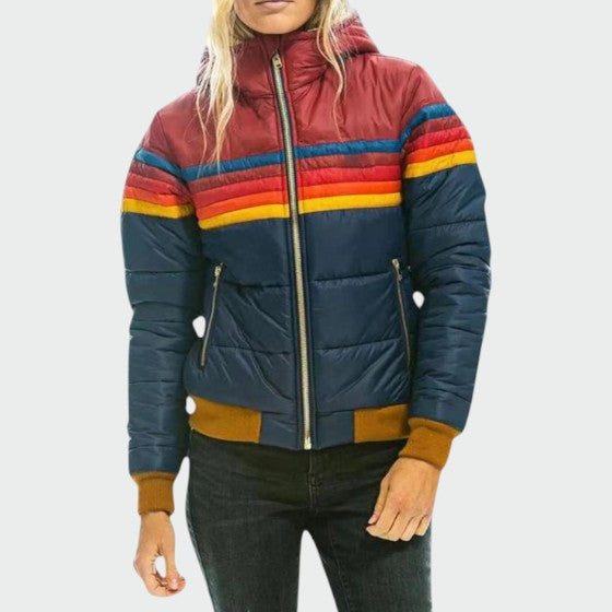 Women's waterproof puffer jacket for winter. Warm, stylish, and cozy with a durable zipper for cold weather.