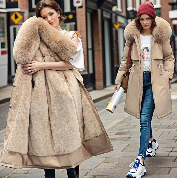 Stylish women's hooded winter coat, waterproof and insulated for chic cold weather outerwear. Durable and functional design.