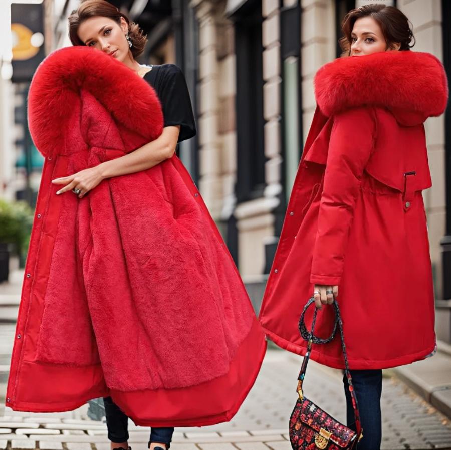 Chic black women's waterproof winter coat, long and insulated, perfect for cold weather style and warmth. Hooded design.