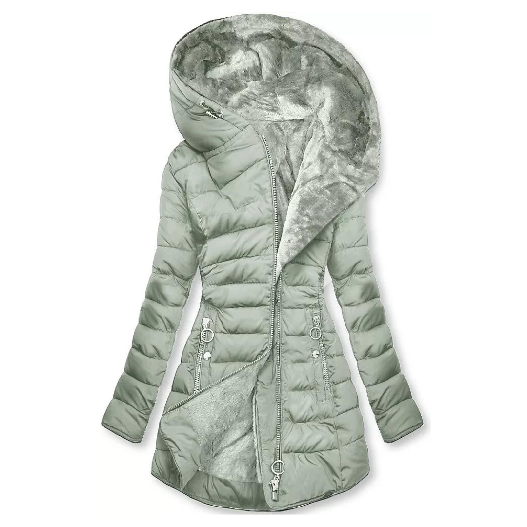 Woman in a waterproof long winter coat, showcasing comfortable fit & elegant style for everyday cold weather.